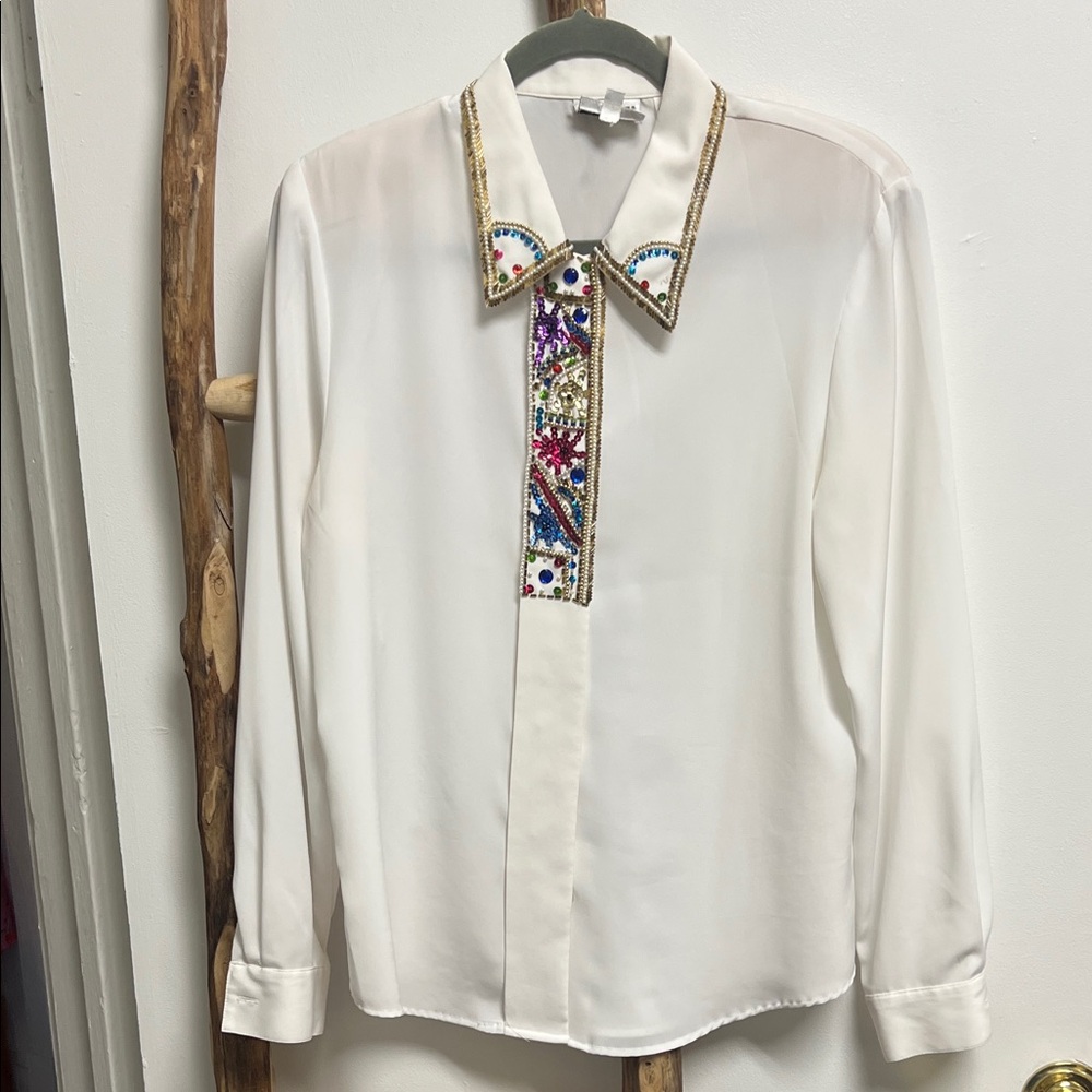Russ Vintage 80s White Blouse with Colorful Beaded Sequin Collar Accents Size 10